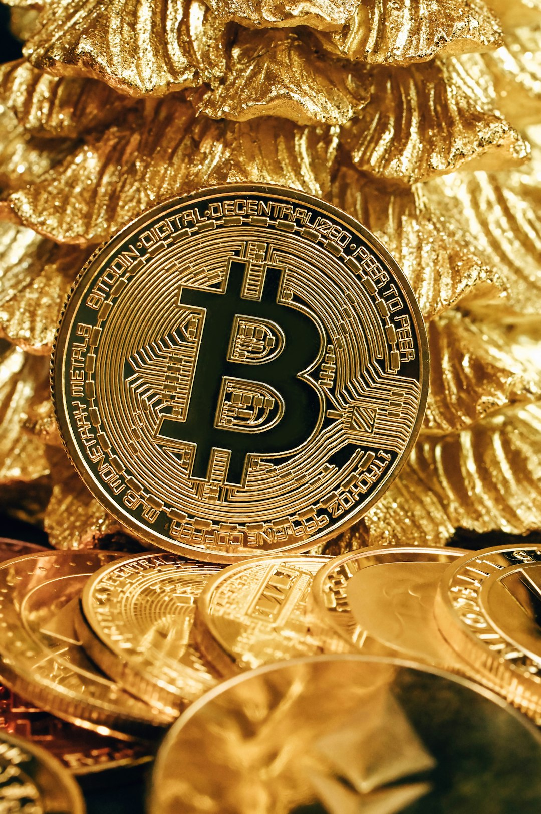 A Bitcoin leaning on a gold pine tree