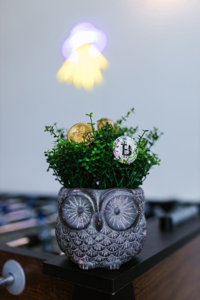 Owl-shaped planter with artificial greenery and Bitcoin coins, symbolizing modern investment.